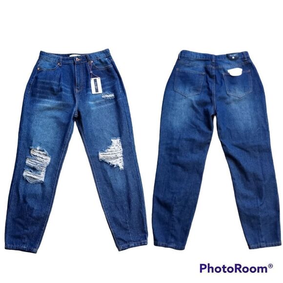 Denim Blvd Los Angeles Distressed Mom Jeans size 5 Dark Wash Blue NWT - Picture 2 of 12